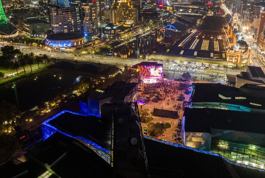 Aerial view of Fed Square at night.
