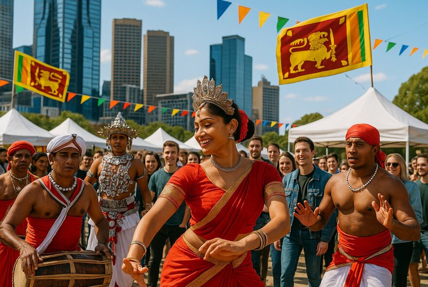 Sri Lankan dancers performing under blue skies and flags with city buildings in the distance.