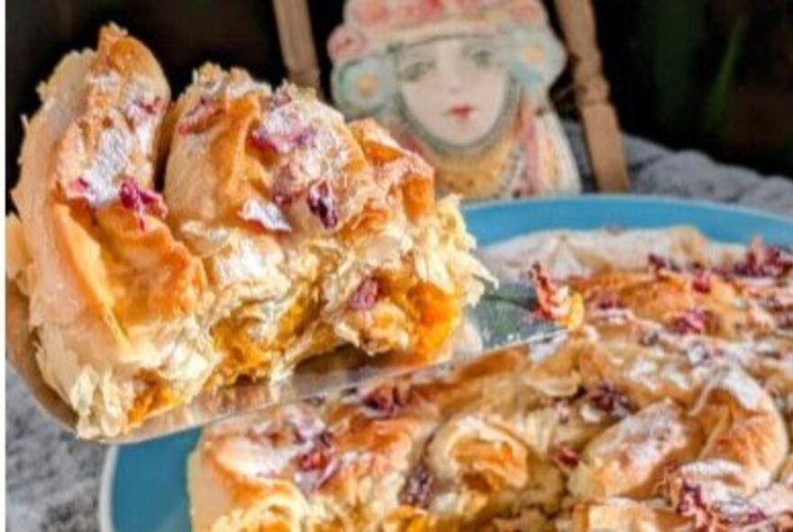 Close up of a Bulgarian Banista – an egg, cheese and spinach pie similar to a Borek.