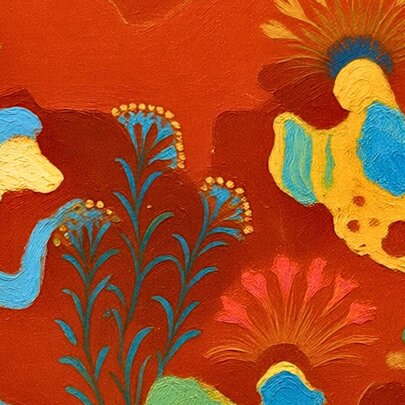 Colourful artwork in the style of an ancient Greek fresco in abstract red and blue.