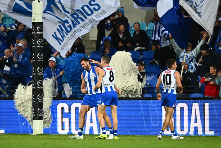 North Melbourne players in front of goal with the crowd waving banners. 