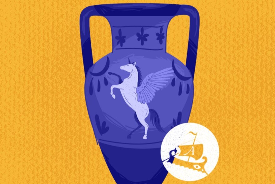 A decorative purple illustration of an ancient Greek amphora featuring a Pegasus, or winged horse, set against a yellow background.