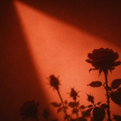 A shaft of light coming from above adn casting a shadow of roses against a deep orange wall. 