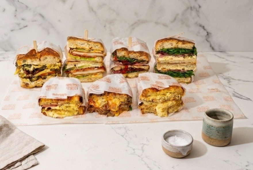 Array of filled sandwiches on a marble counter.