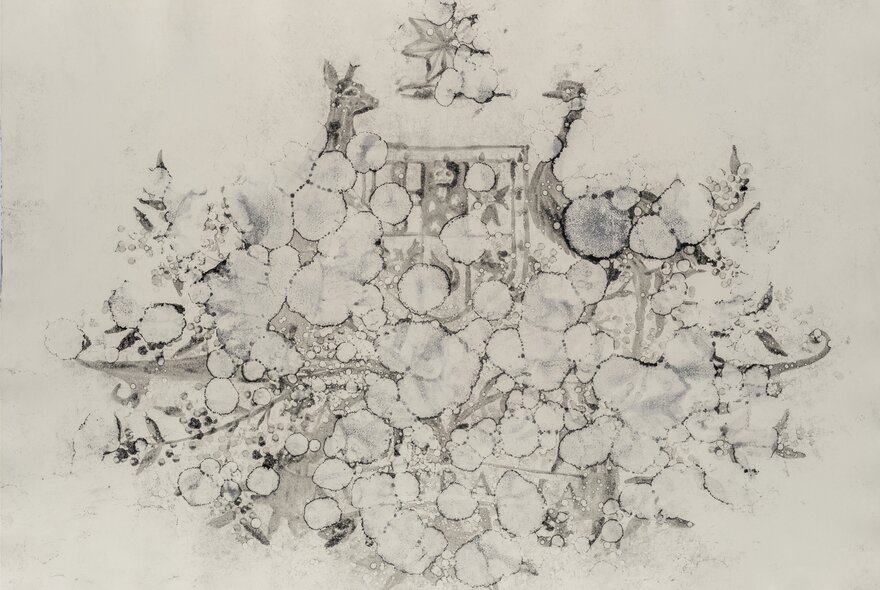 A black and white watercolour of the Australian coat of arms blurred into undefined bubble-like shapes.