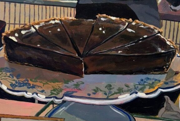 Painting of chocolate cake on patterned plate.