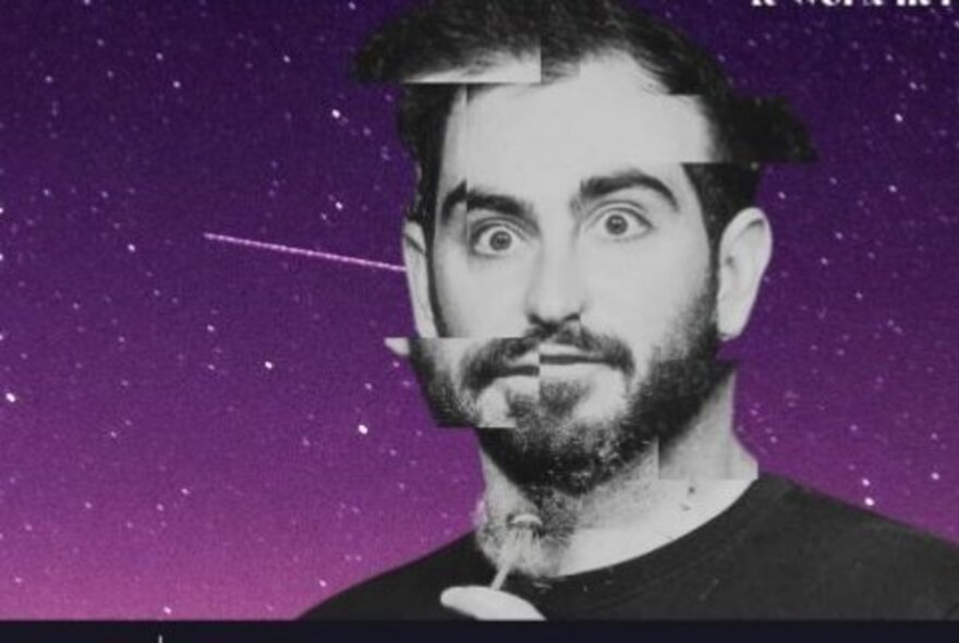 A semi-fractured black and white portrait of comedian, Casey Filips, against a purple starlit background.