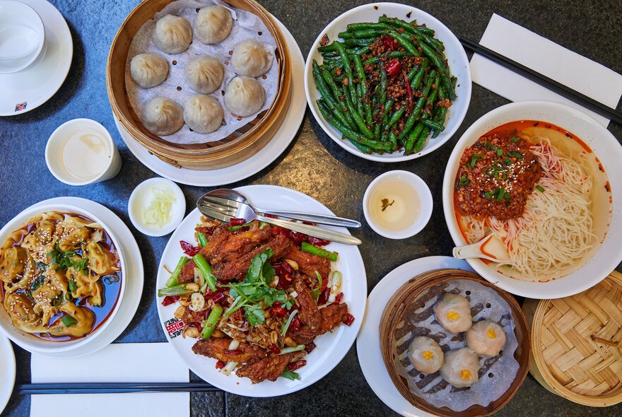 A table with plates of dumplings, noodles, beans and more Chinese dishes
