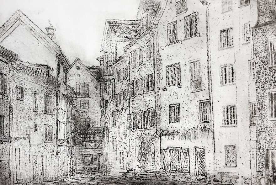 A black and white etching, using relief and intaglio techniques, of a streetscape with three- and four-storey terrace houses.