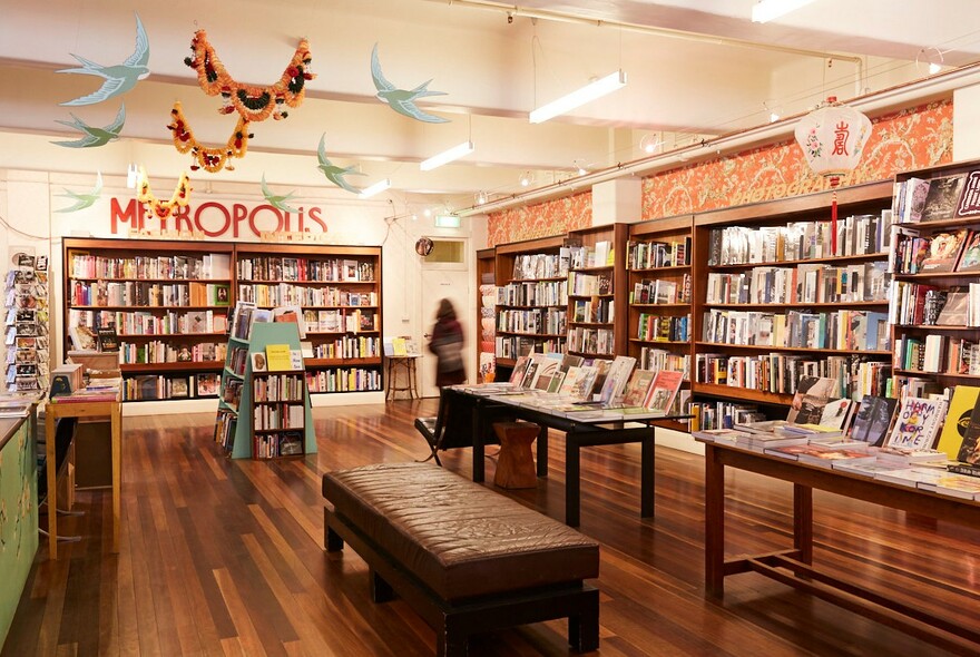 Books on display inside Metropolis bookshop.