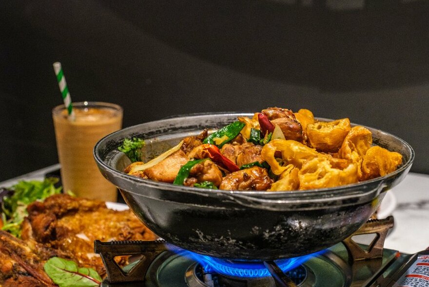 A hot pot of meat and vegetables