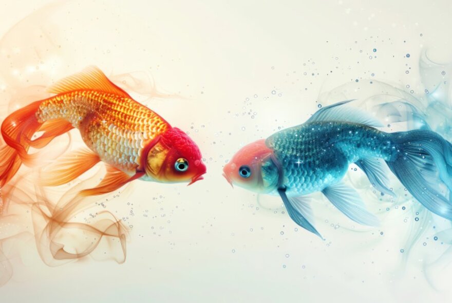 Two frilly goldfish, one red and one blue.