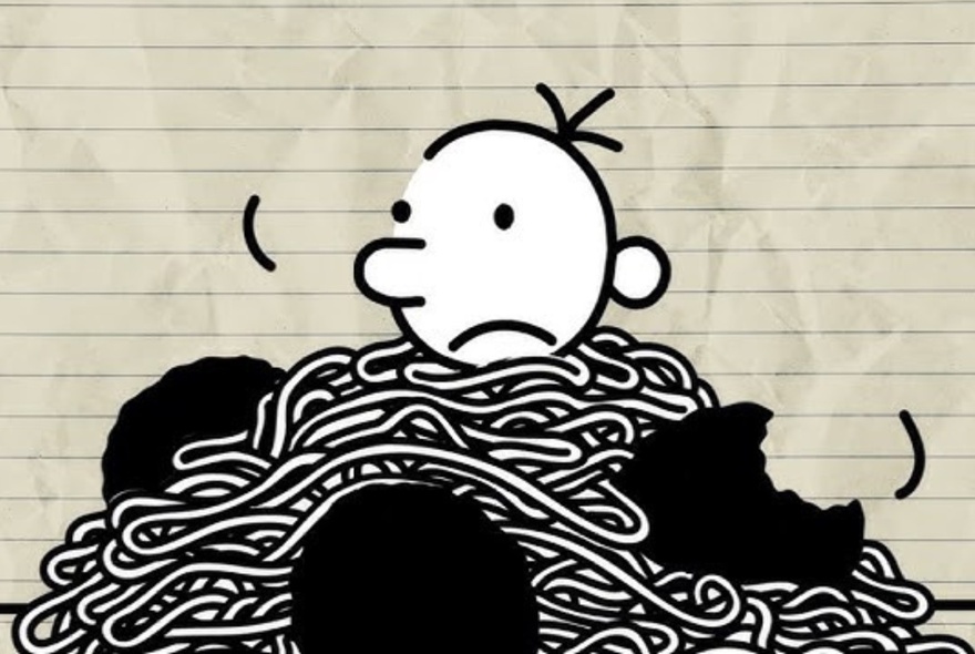 Black and white illustrated character Greg Heffley from Diary of a Wimpy Kid, buried neck-deep in a pile of spaghetti and meatballs. 