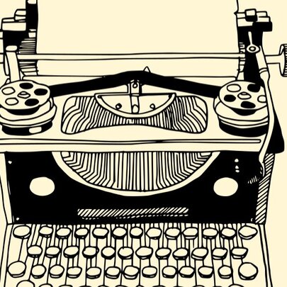 An illustration in black of an old-fashioned typewriter on a pale yellow background. 