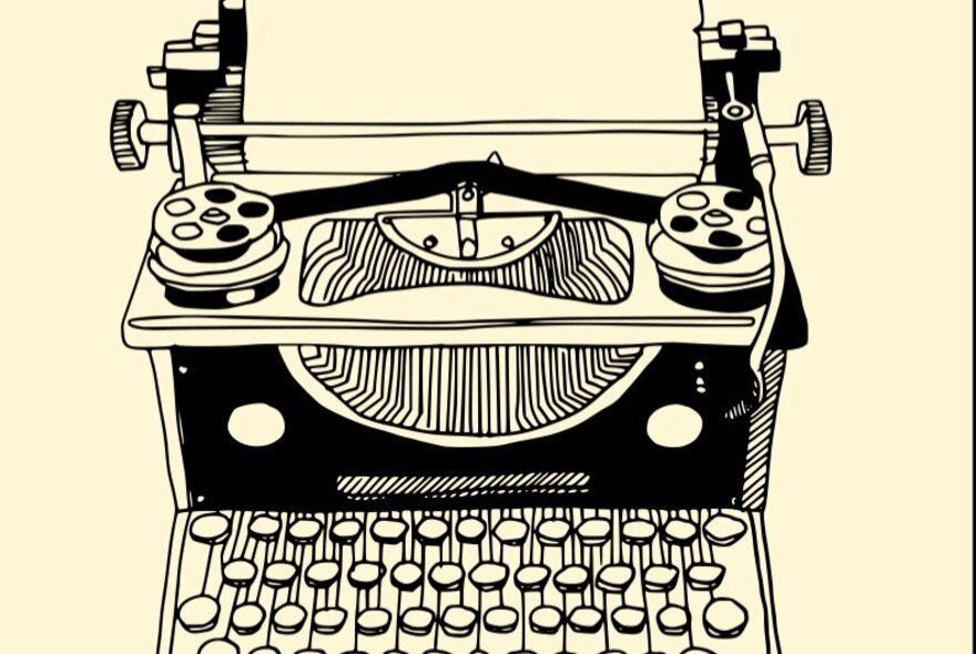 An illustration in black of an old-fashioned typewriter on a pale yellow background. 