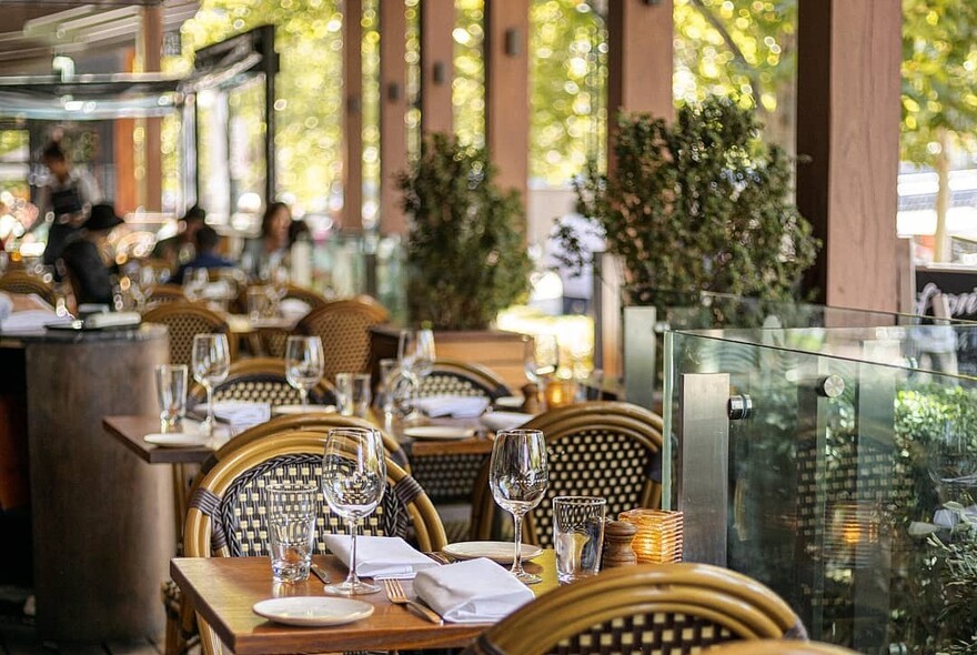 Outside tables at Waterfront restaurant on Southgate's promenade.