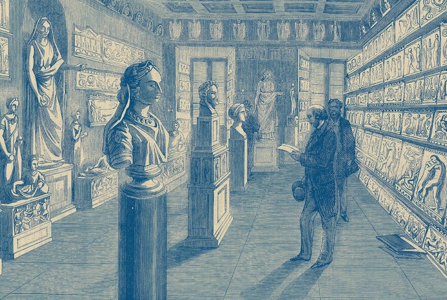 Blue print of 18th-century visitors examining statues in a gallery.