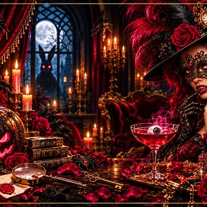 A picture inside a room with candles, halloween images, a woman wearing a mask bearing a drink and a large rabbit with glowing red eyes standing in a gothic window. 