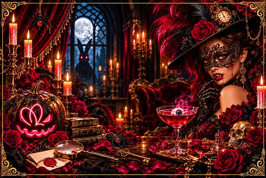 A picture inside a room with candles, halloween images, a woman wearing a mask bearing a drink and a large rabbit with glowing red eyes standing in a gothic window. 