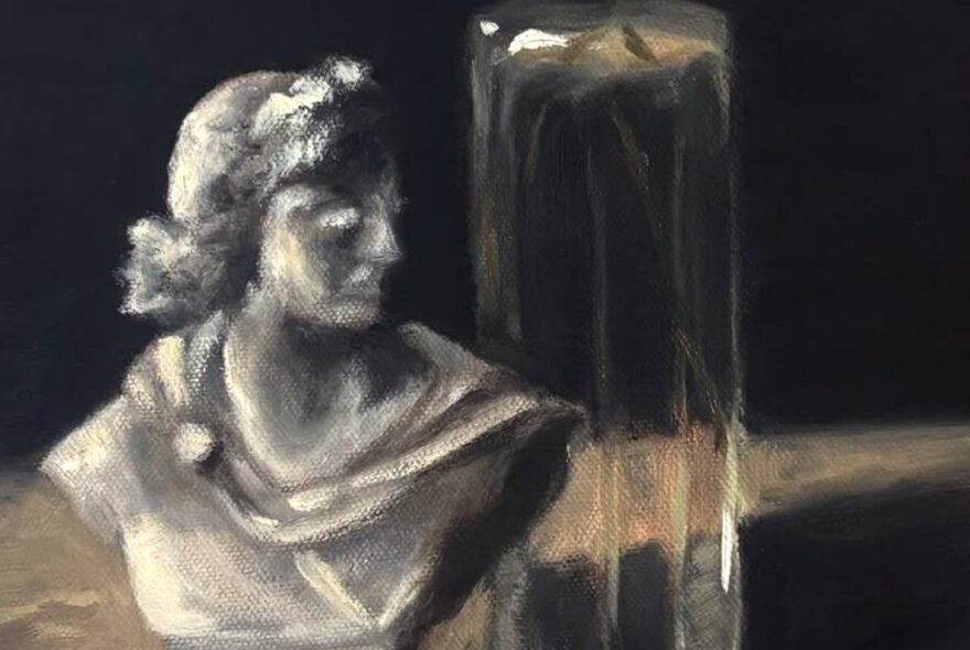 Painting of a small Roman bust next to a glass jug.