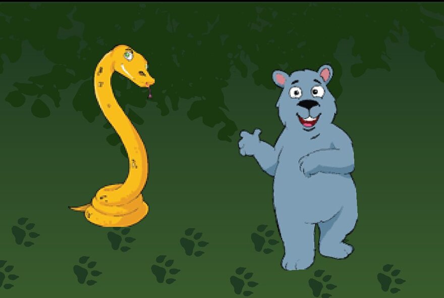 A cartoon depicting a yellow snake and a blue bear, against a green backdrop.