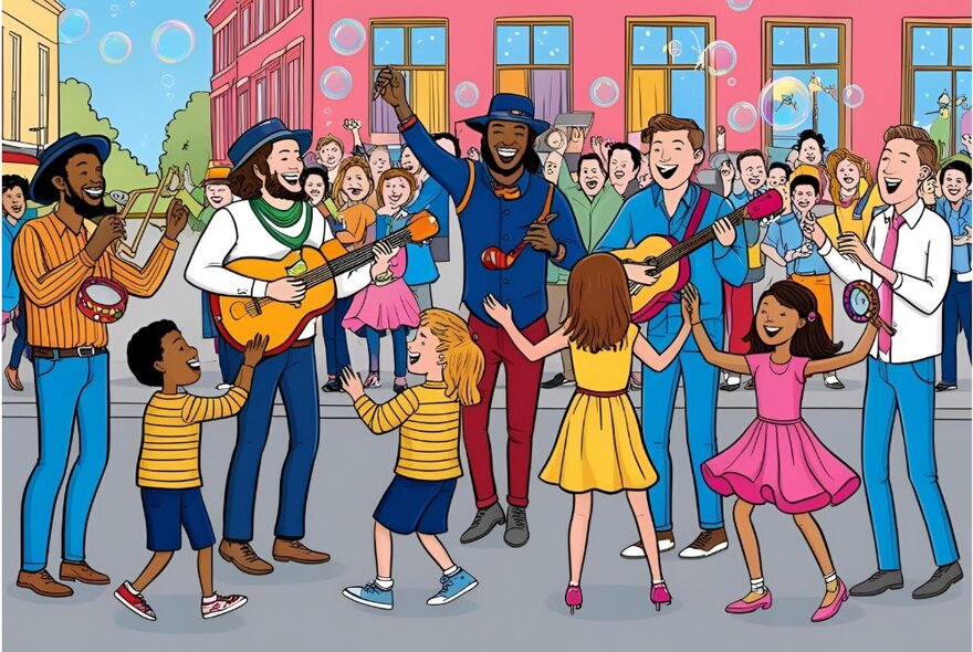 Cartoon of musicians performing in a street with children while a crowd looks on.