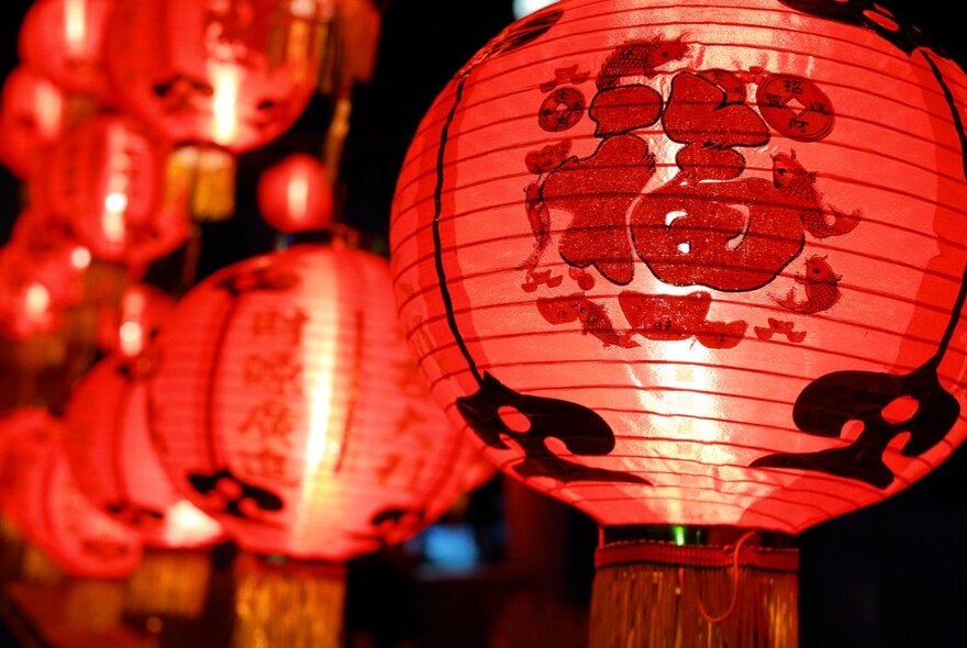 Red paper lanterns with script, illuminated.