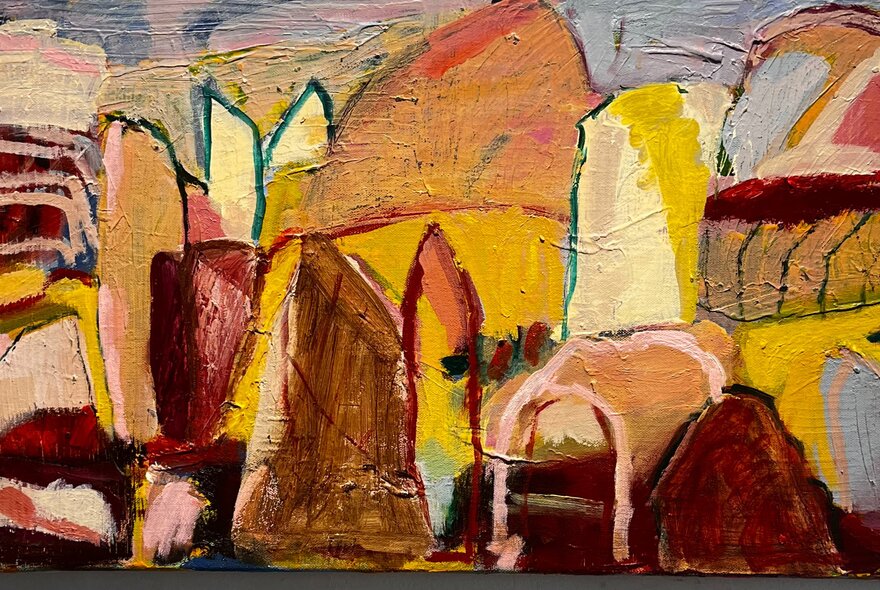 An expressive abstract painting with a vibrant composition of textured shapes and earthy tones.