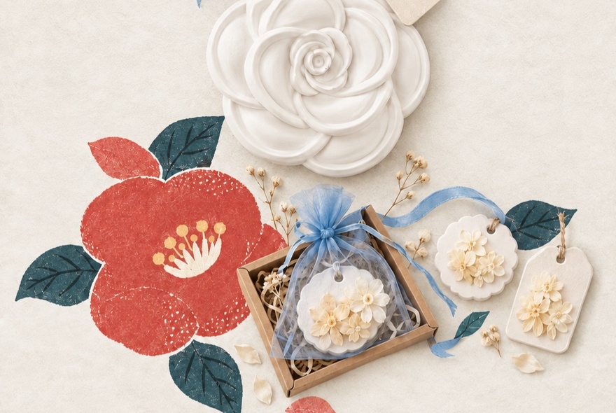 A set of white flower-shaped plaster aroma diffusers packaged in a small gift box alongside a red camellia graphic.