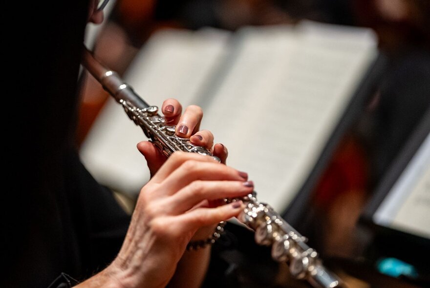 Musicians hands holding a flute, with music stands in the background.
