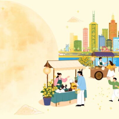 Drawing of a market stall with city buildings in the background.