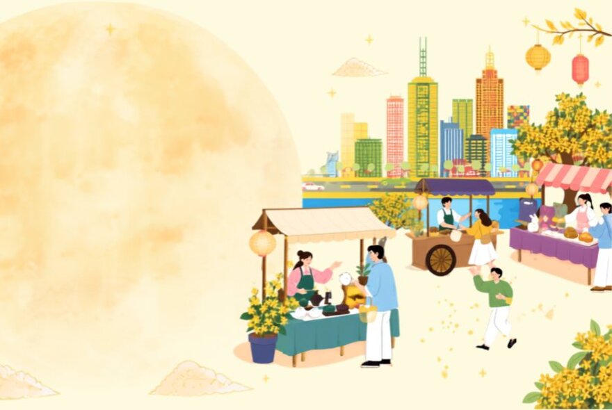 Drawing of a market stall with city buildings in the background.