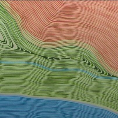 An Indigenous artwork of a river running through a green land, with red desert further away.