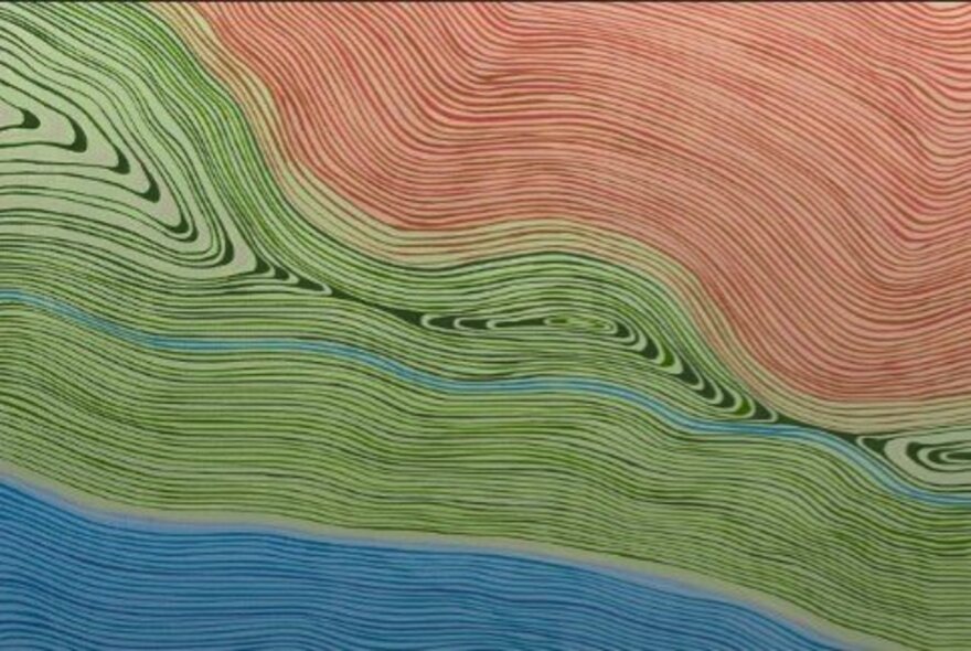 An Indigenous artwork of a river running through a green land, with red desert further away.
