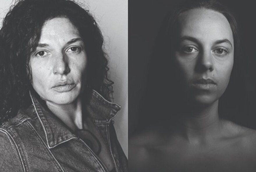 Side-by-side black and white portraits of Blak actors, Kamarra Bell-Wykes and Carly Sheppard.