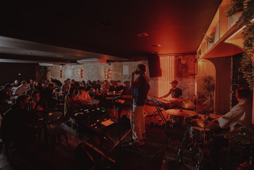 Singers and musicians performing in a dark underground bar with blurred people.