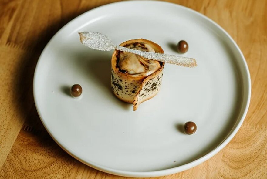 A gourmet desert with a thin biscotti wrapped around a creamy centre and a spoon-shaped wafer on top, presented on a white plate.