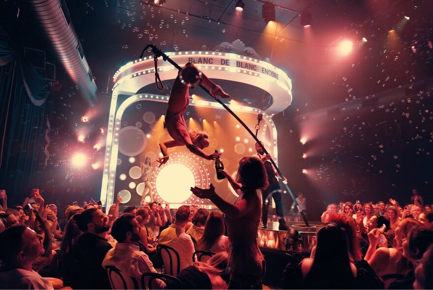 A cabaret performer hanging from the ceiling inside a venue with an audience seated underneath them watching the show.
