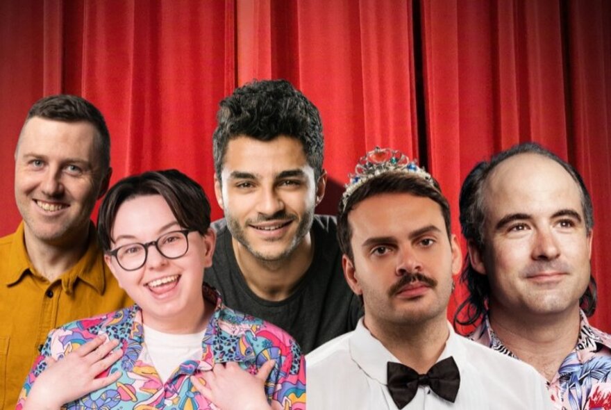 The five comedians performing at Comedy Centric at the Hyatt Centric, posed against a red stage curtain.
