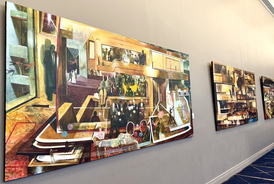 Installation view of three paintings on a wall at the lounge at Sofitel.