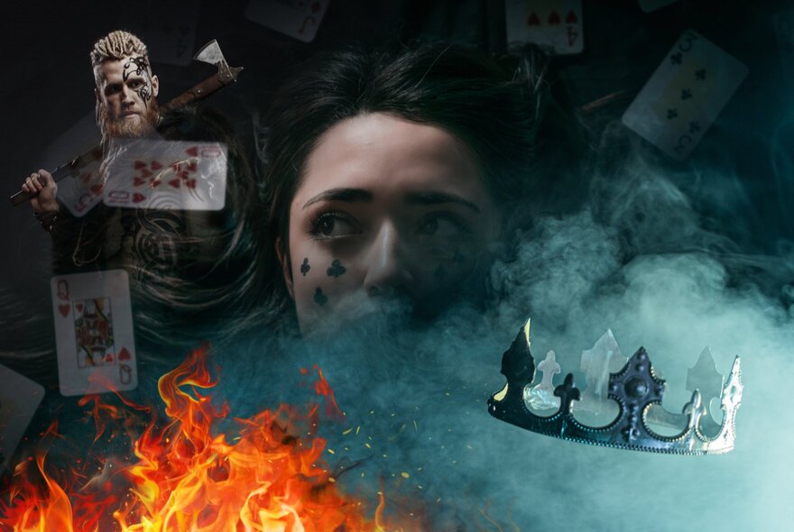 A crown floating in misty space next to a person's face and flames.