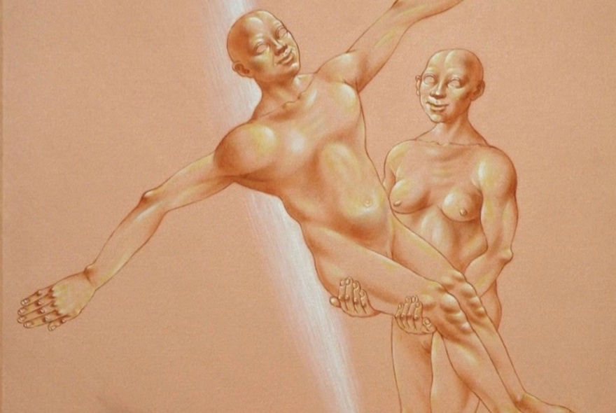 Artwork of a naked, muscular man and woman.