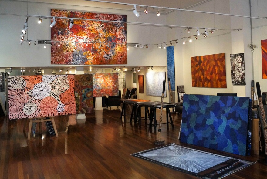 Aboriginal paintings inside the Original & Authentic Aboriginal Art gallery.