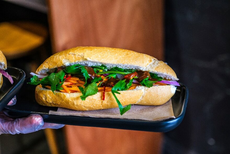 A crispy banh mi bread roll filled with fresh ingredients, on a plate held out by a hand. 