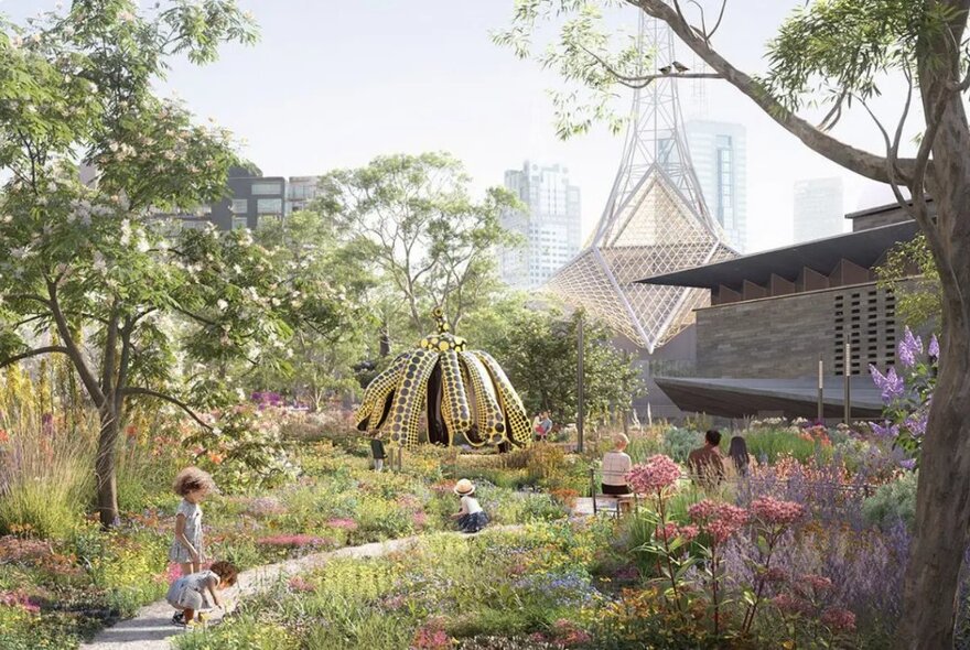 An artist's impression of two small children in a garden oasis in the middle of Melbourne with the Arts Centre spire visible in the background. 