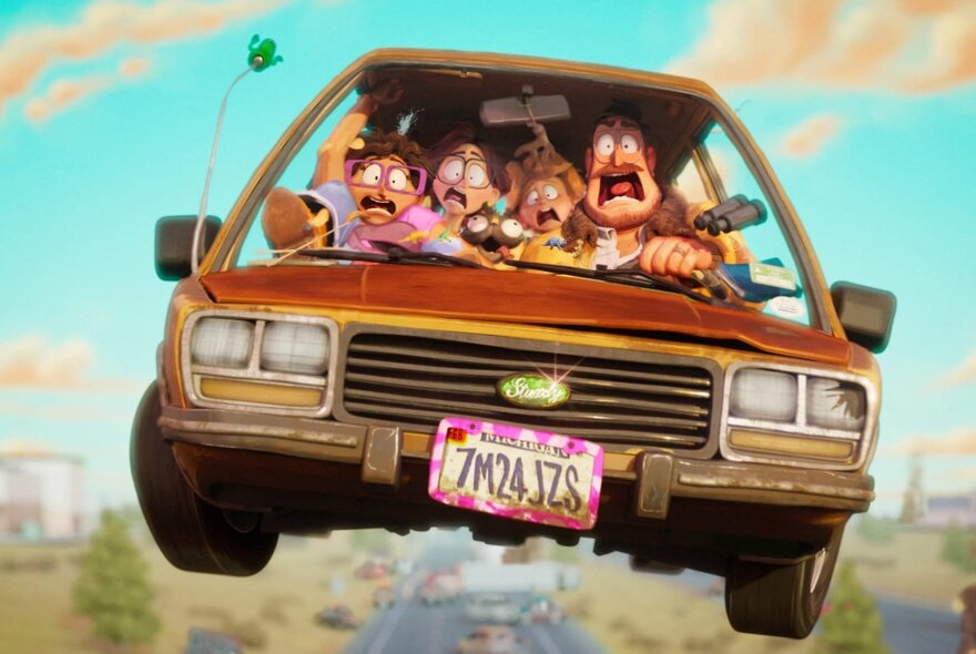 A cartoon family looking stricken in an airborne car. 