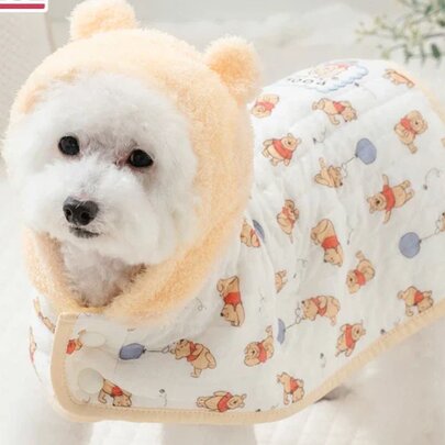 A white fluffy dog wearing a winter pet coat with a hooded head cover, standing indoors on a white rug.