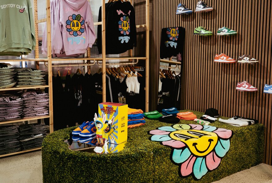 Interior of SoyToy Club store with sneakers on a wall display, and garments for sale.