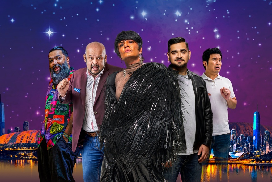 Five Asian comedians standing together in front a deep night sky with bright stars and a lit up city skyline.