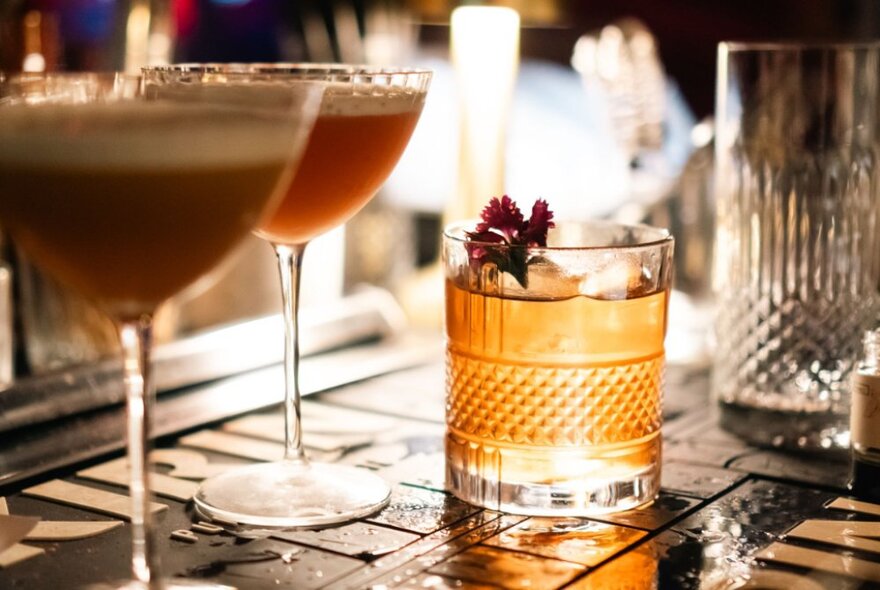 A close-up view of cocktails at a bar with light shining from behind. 